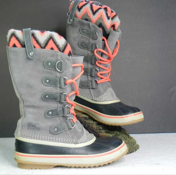 Sorel Joan of Arctic Boots Women's Size 7.5 Gray Pink Winter Knit Leather - Picture 1 of 9